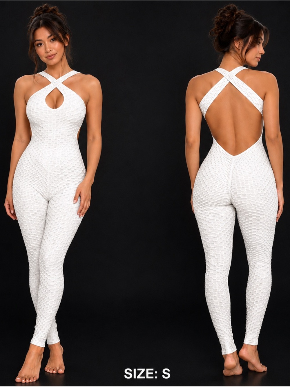 Women's White Textured Cross-Back Jumpsuit S